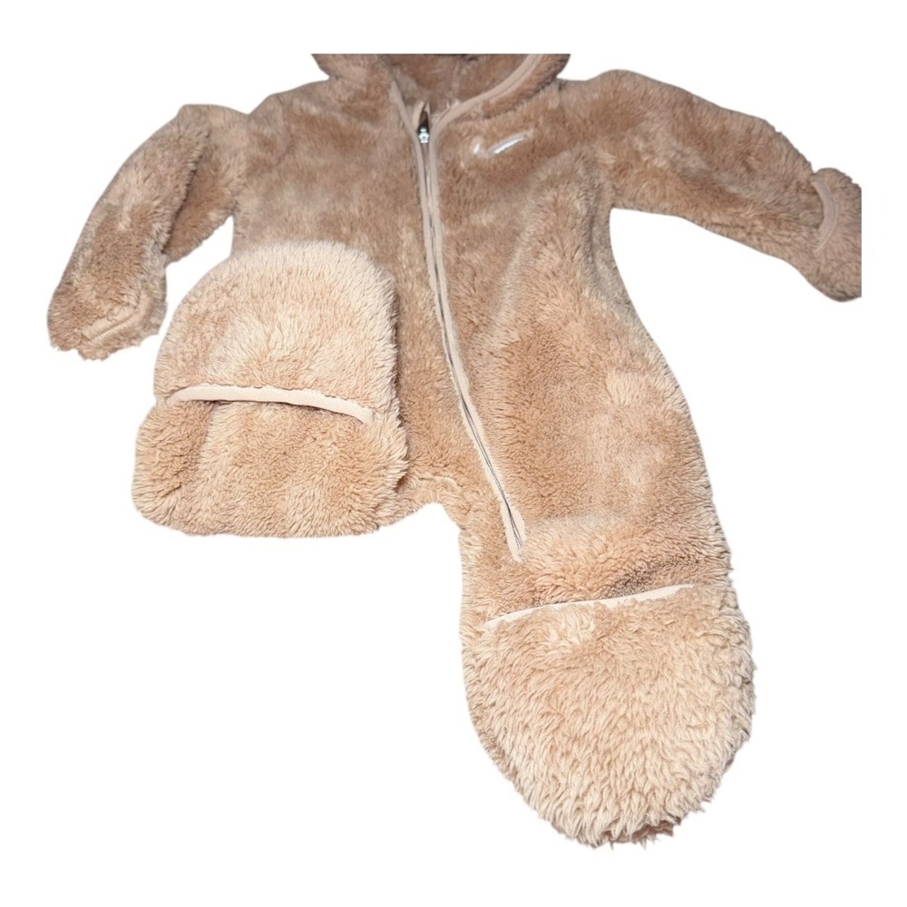 Cozy Gorpcore Nike Bunting Jumpsuit Regular 3M Tan Sherpa Fleece Hooded Romper - Picture 3 of 7